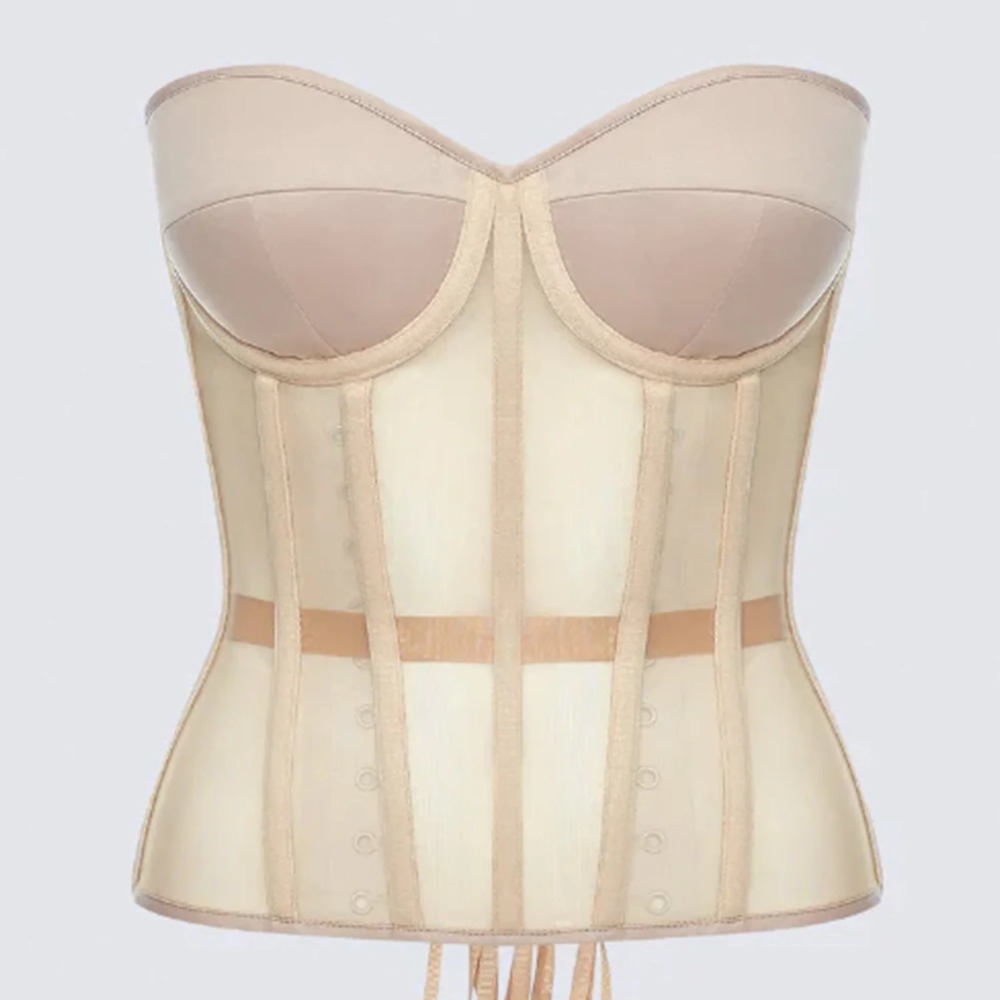 Boning Corset Steel - 女性コルセットビスチェトップスセクシーなブラジャー透明メッシュレースアップ鋼骨ストラップレス胴着ウエストトレーナーニッパーガードル
