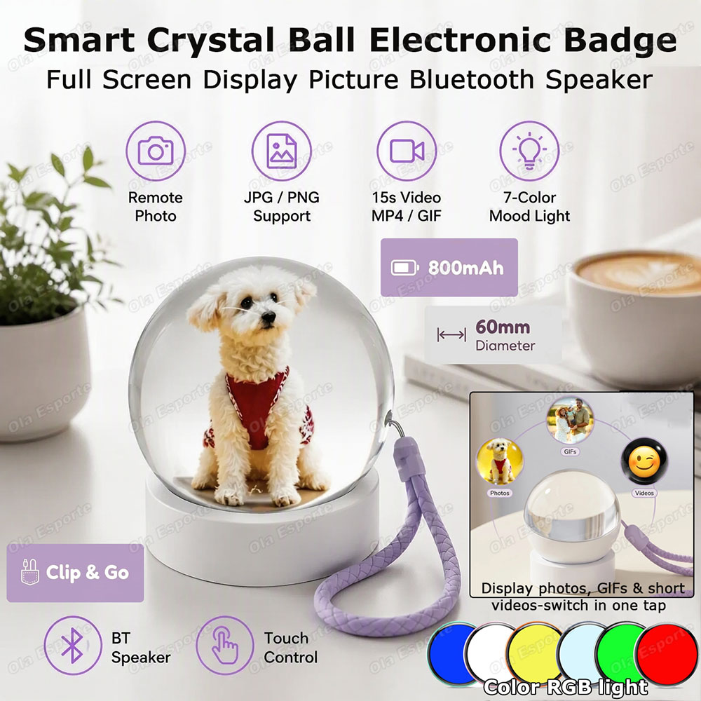 Magnetic Clasp Cosplay - 3Dビデオ再生機能付きクリスタルボール型スマートEバッジ。800mAhバッテリー内蔵、Bluetoothスピーカー搭載。カスタム画像やGIF動画を表示可能。7色のライトを搭載。コスプレ用Eバッジ。M3。